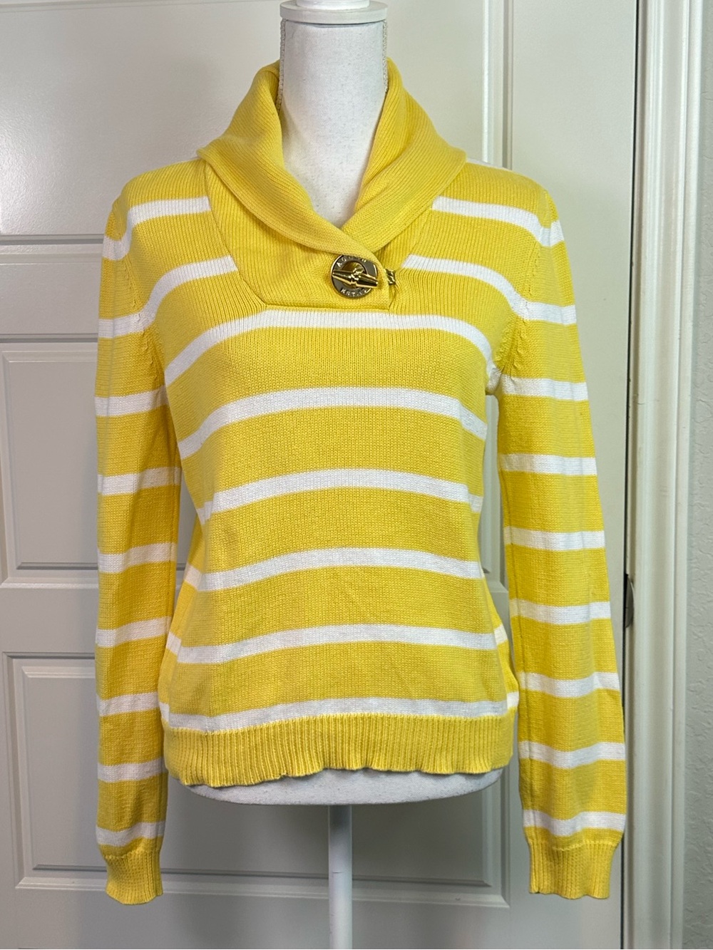 Lauren Ralph Lauren Classic Yellow Striped Nautical Pullover Sweater Size Medium